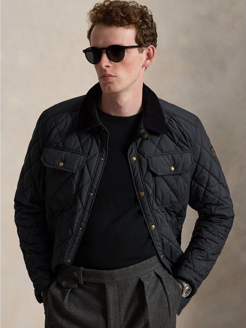 Ralph Lauren Quilted Lightweight Shirt Jacket in Black with Corduroy Collar